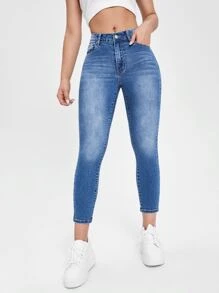 SHEIN Essnce 斜口袋緊身短款牛仔褲 - 淺色水洗藍 - 查看 3