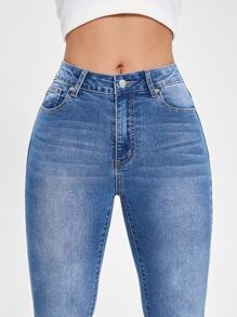 SHEIN Essnce 斜口袋緊身短款牛仔褲 - 淺色水洗藍 - 查看 4