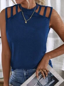 SHEIN LUNE Keyhole Back Cutout Detail Tank Top - Blue - View 6