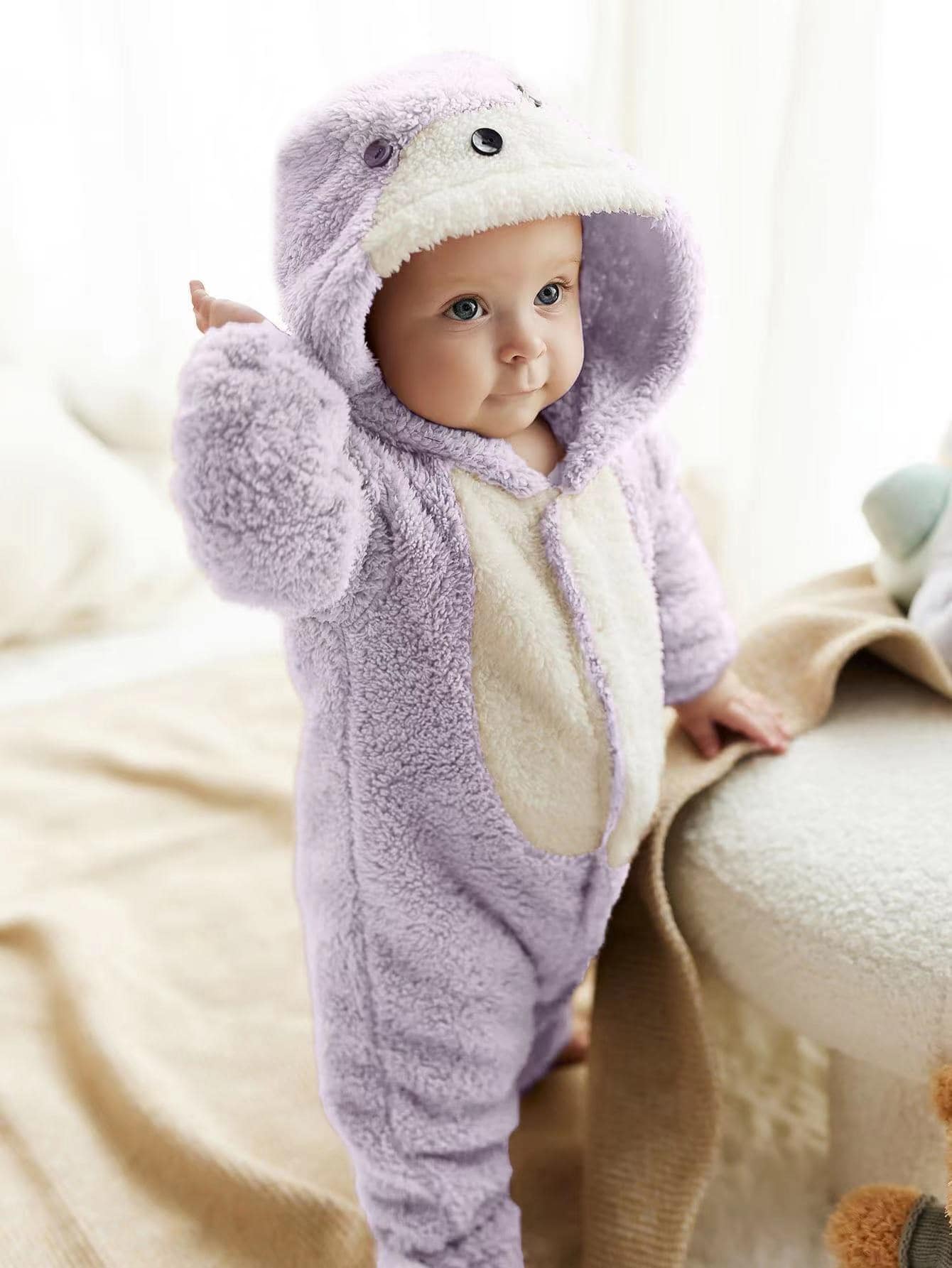 嬰兒法蘭絨撞色3D耳朵補丁貼連體睡衣 - 淡紫色 - 查看 1