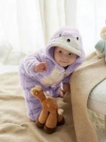 嬰兒法蘭絨撞色3D耳朵補丁貼連體睡衣 - 淡紫色 - 查看 3