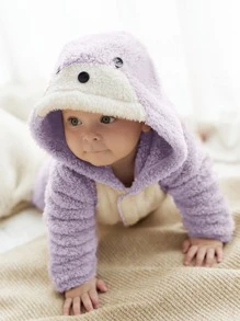 嬰兒法蘭絨撞色3D耳朵補丁貼連體睡衣 - 淡紫色 - 查看 5