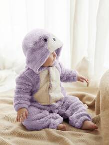 嬰兒法蘭絨撞色3D耳朵補丁貼連體睡衣 - 淡紫色 - 查看 6