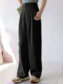 Dazy-Less Plicated Detail Wide Leg Trousers - Black - View 3