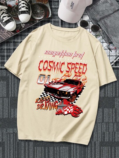 men japanese letter and car print tee