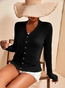 Chiquease Solid Ribbed Knit Cardigan - Black - View 3