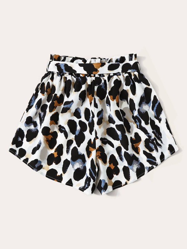 Belted Leopard Print Paperbag Shorts SHEIN
