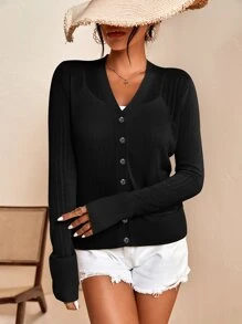 Chiquease Solid Ribbed Knit Cardigan - Black - View 5
