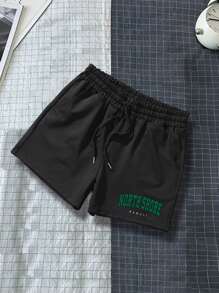 Manfinity Homme Hombres Shorts con estampado de letra de cintura con cordón - Negro - Ver 1