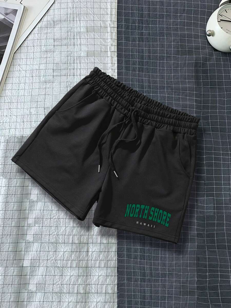 Manfinity Homme Hombres Shorts con estampado de letra de cintura con cordón - Negro - Ver 1