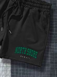 Manfinity Homme Hombres Shorts con estampado de letra de cintura con cordón - Negro - Ver 4
