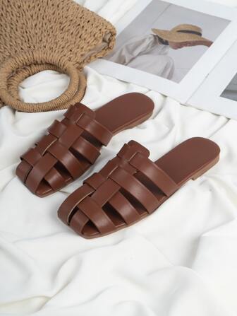 Weave Detail Square Toe Flat Mules For Summer Vacation