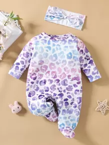 Baby Allover Print Sleepsuit With Headband - Multicolor - View 1