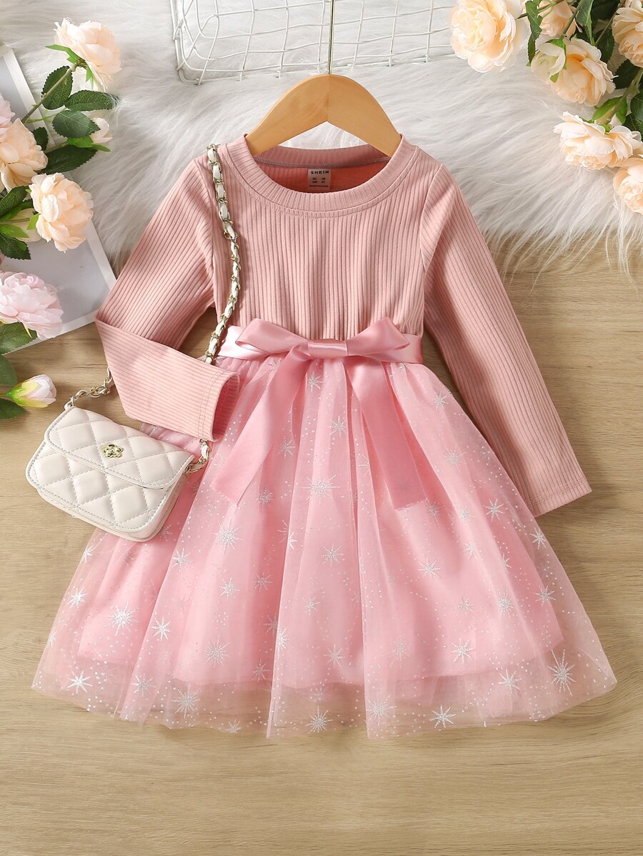 Toddler Girls Contrast Mesh Belted Dress - Baby Pink - View 1