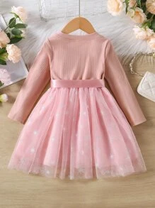 Toddler Girls Contrast Mesh Belted Dress - Baby Pink - View 2