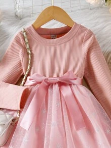 Toddler Girls Contrast Mesh Belted Dress - Baby Pink - View 4