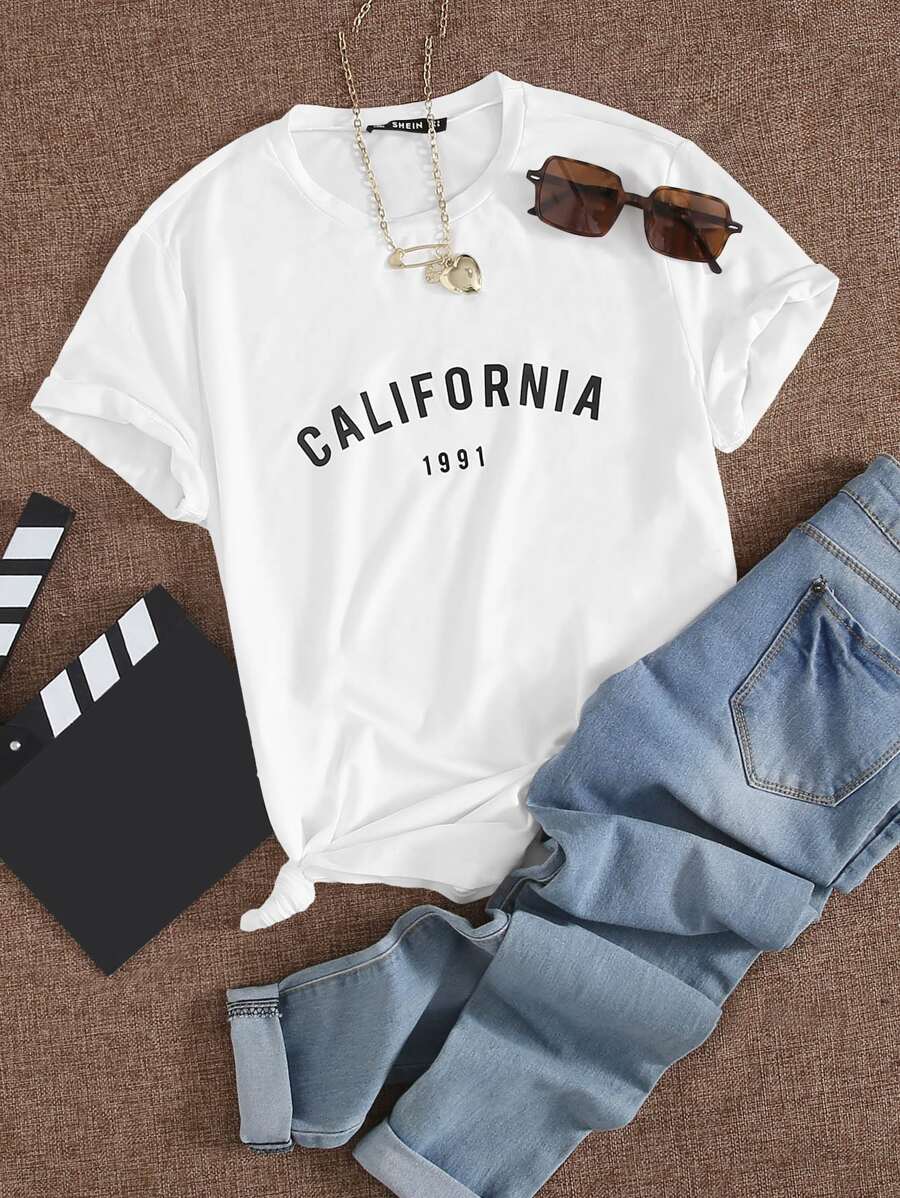 SHEIN Unity 数字和字母图案 T 恤 图案 T 恤 女式上衣 - 白色 - 查看 1