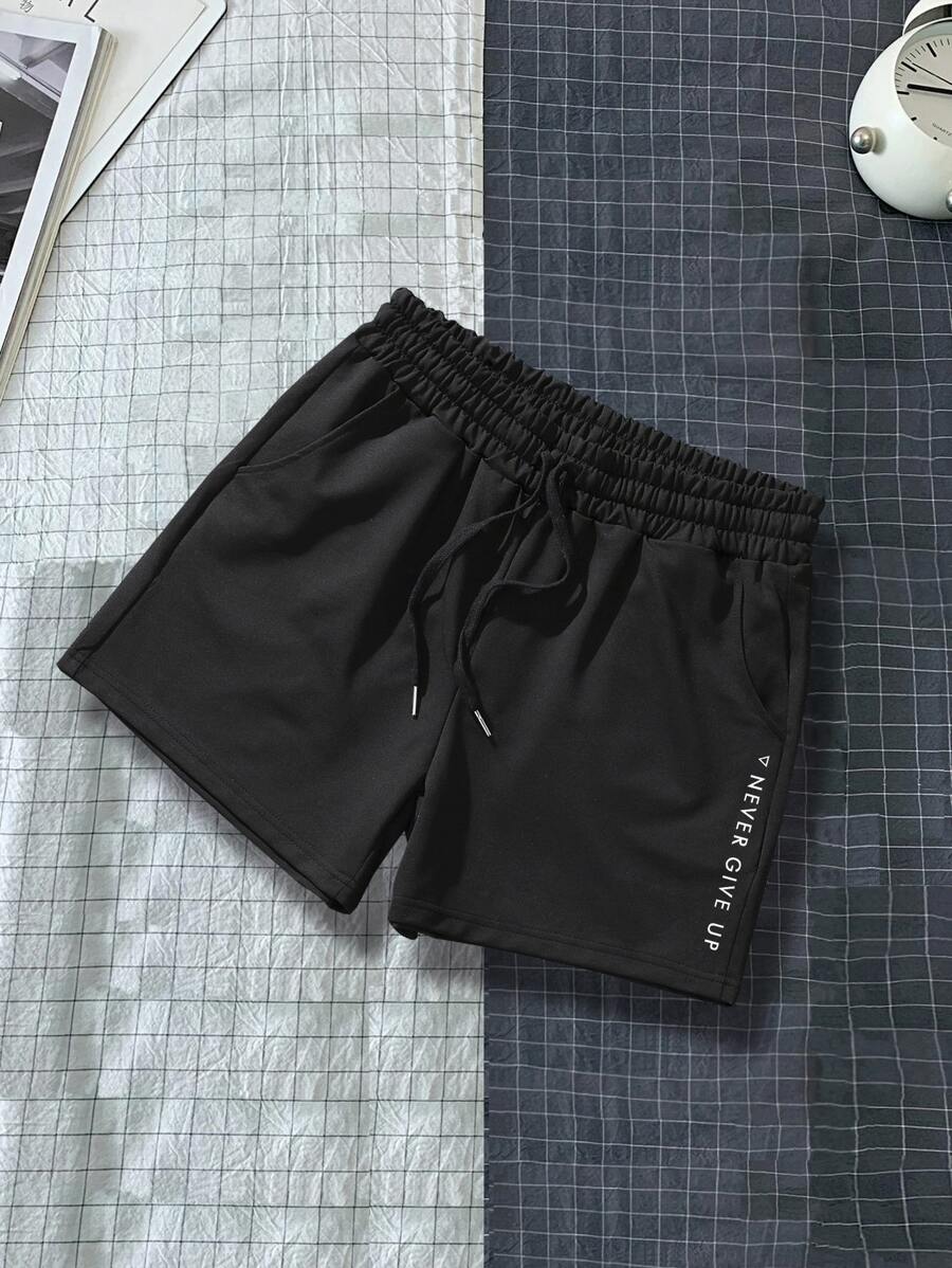 Manfinity Homme Men Slogan Graphic Drawstring Waist Shorts - Black - View 1