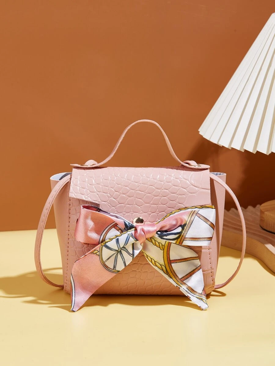 Mini Bow Decor Crocodile Embossed Satchel Bag - Pink - View 1