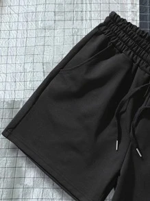 Manfinity Homme Men Slogan Graphic Drawstring Waist Shorts - Black - View 4