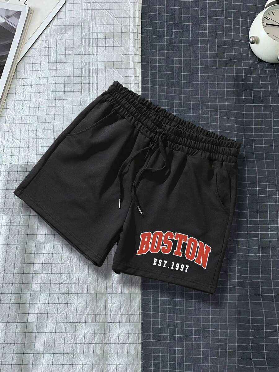 Manfinity Campus Court Aesthetic Post--Men Letter Graphic Shorts - Black - View 1