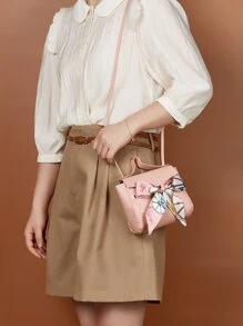 Mini Bow Decor Crocodile Embossed Satchel Bag - Pink - View 2
