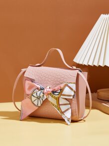 Mini Bow Decor Crocodile Embossed Satchel Bag - Pink - View 5