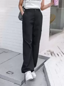 DAZY Flap Pocket Drawstring Hem Cargo Trousers - Black - View 5