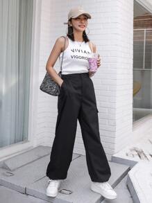 DAZY Flap Pocket Drawstring Hem Cargo Trousers - Black - View 8