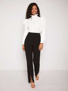 SHEIN Privé Áo thun nữ viền lá sen màu trơn Thanh lịch - trắng - Xem 4