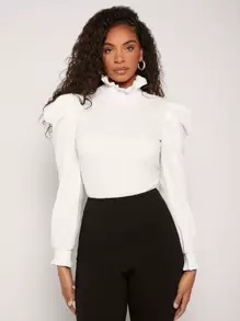 SHEIN Privé Áo thun nữ viền lá sen màu trơn Thanh lịch - trắng - Xem 5