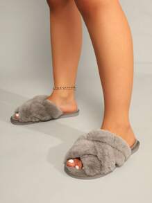 秋冬女士灰色蓬松十字图案拖鞋，时尚露趾卧室拖鞋 - 棕色 - 查看 2