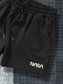 Manfinity Homme Men Letter Graphic Drawstring Waist Shorts Workout Casual Drawstring Sweat Shorts, For Husband, Boyfriend Gifts - Black - View 4