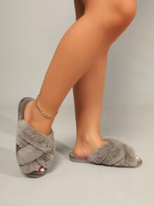 秋冬女士灰色蓬松十字图案拖鞋，时尚露趾卧室拖鞋 - 棕色 - 查看 4