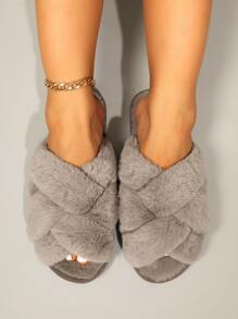 秋冬女士灰色蓬松十字图案拖鞋，时尚露趾卧室拖鞋 - 棕色 - 查看 5