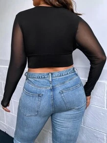 SHEIN SXY Plus Plunge Neck Crop Tee - Black - View 2