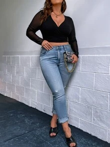 SHEIN SXY Plus Plunge Neck Crop Tee - Black - View 4