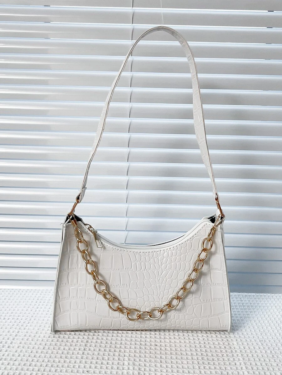 鱷魚紋壓花鏈條法棍包 - 白色 - 查看 1