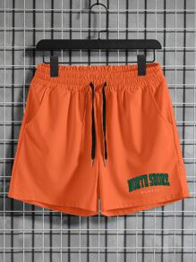 Manfinity Campus Court Aesthetic Post--Men Letter Graphic Drawstring Waist Shorts - Orange - View 1