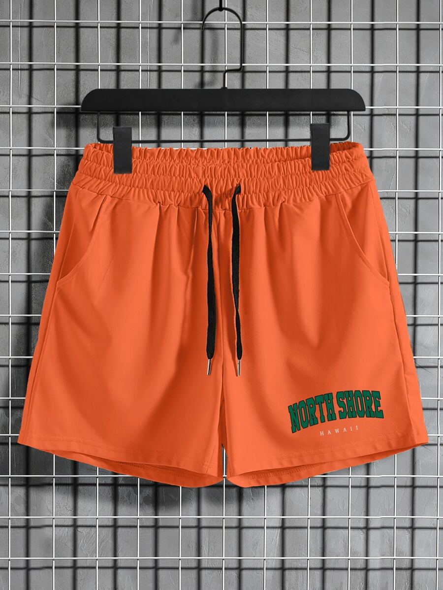 Manfinity Campus Court Aesthetic Post--Men Letter Graphic Drawstring Waist Shorts - Orange - View 1