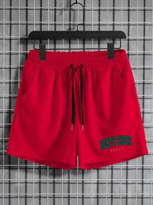 Manfinity Homme Men Letter Graphic Drawstring Waist Shorts - Burgundy - View 1