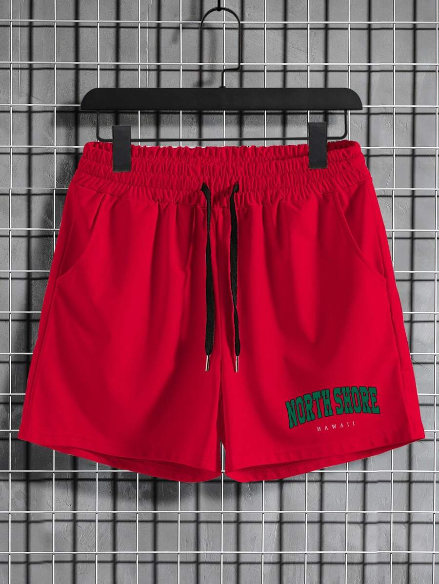 Manfinity Homme Men Letter Graphic Drawstring Waist Shorts - Burgundy - View 1