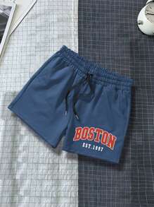 Manfinity Campus Court Aesthetic Post--Men Letter Graphic Shorts - Dusty Blue - View 1