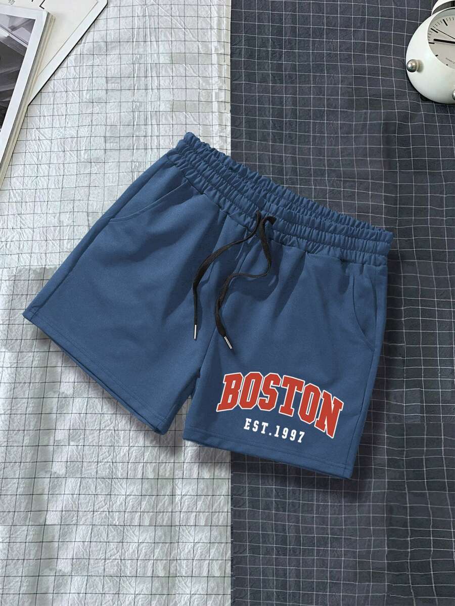 Manfinity Campus Court Aesthetic Post--Men Letter Graphic Shorts - Dusty Blue - View 1