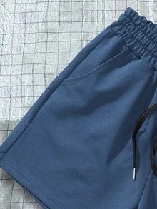 Manfinity Campus Court Aesthetic Post--Men Letter Graphic Shorts - Dusty Blue - View 3