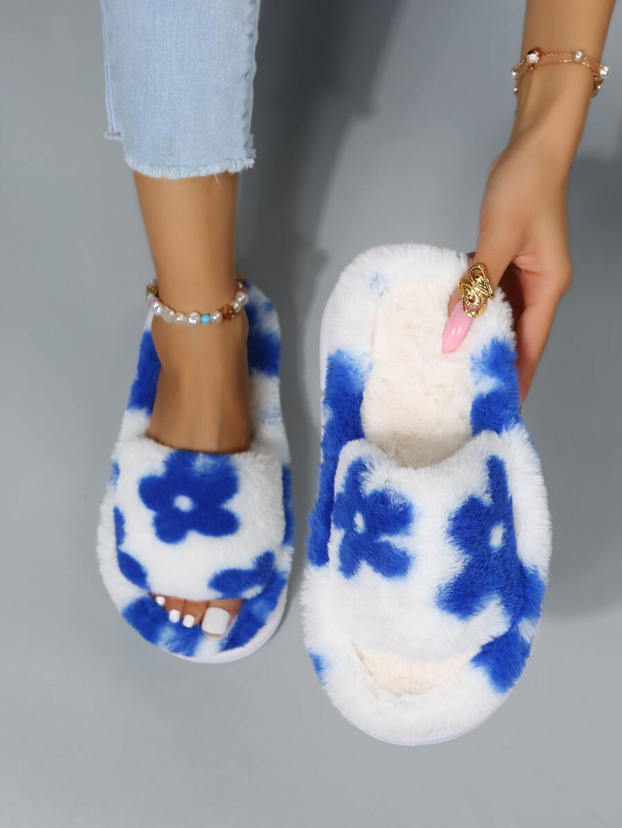 Floral Pattern Fuzzy Bedroom Slippers,Autumn And Winter Flowers And Thick-Bottomed Bare-Toe Slippers Suitable For Leisure And Indoor Home Use - Blue - View 1