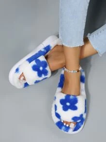 Floral Pattern Fuzzy Bedroom Slippers,Autumn And Winter Flowers And Thick-Bottomed Bare-Toe Slippers Suitable For Leisure And Indoor Home Use - Blue - View 3