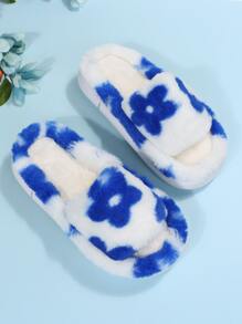 Floral Pattern Fuzzy Bedroom Slippers,Autumn And Winter Flowers And Thick-Bottomed Bare-Toe Slippers Suitable For Leisure And Indoor Home Use - Blue - View 4