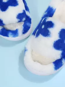 Floral Pattern Fuzzy Bedroom Slippers,Autumn And Winter Flowers And Thick-Bottomed Bare-Toe Slippers Suitable For Leisure And Indoor Home Use - Blue - View 5