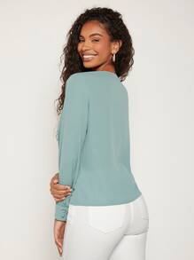 SHEIN Clasi 素色缺口領襯衫 - 綠色 - 查看 2